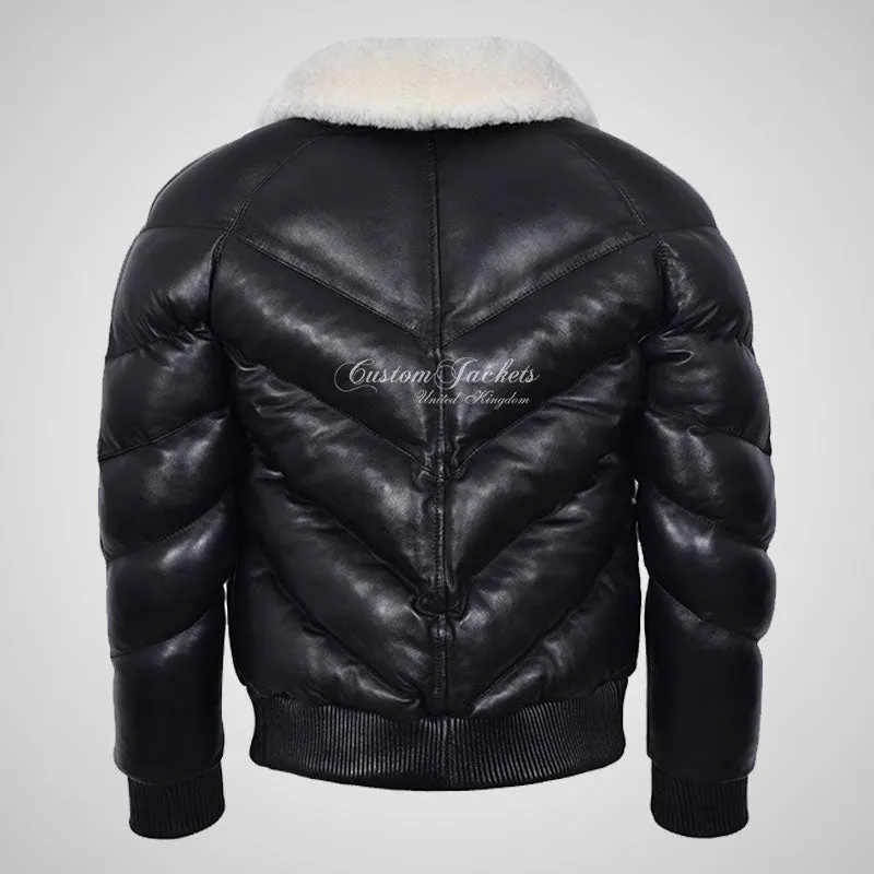 ALTITUDE Men's Puffer Bomber Leather Jacket with Removable Fur Collar