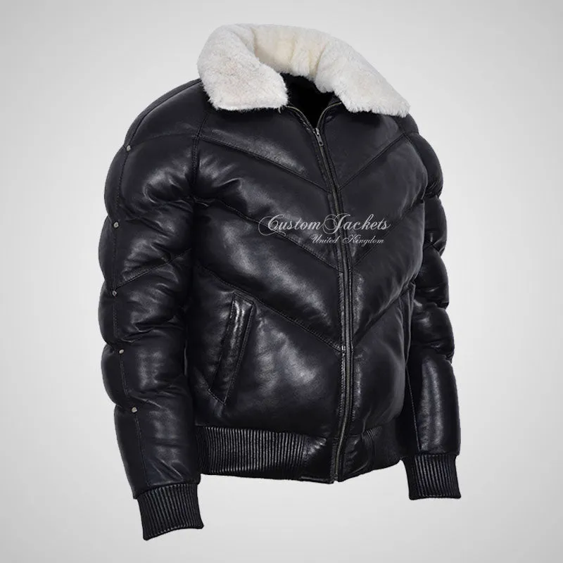 ALTITUDE Men's Puffer Bomber Leather Jacket with Removable Fur Collar