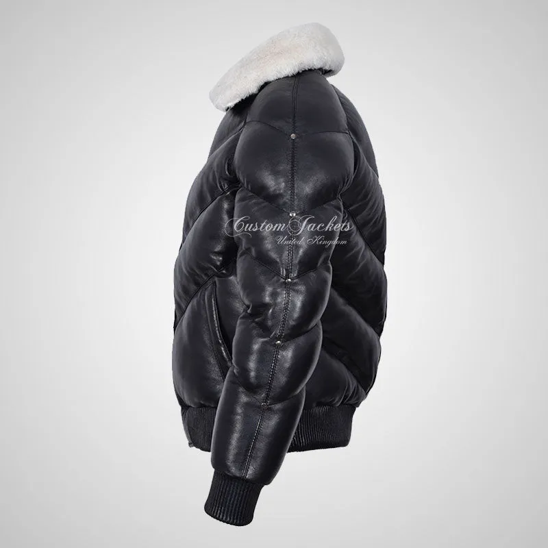 ALTITUDE Men's Puffer Bomber Leather Jacket with Removable Fur Collar