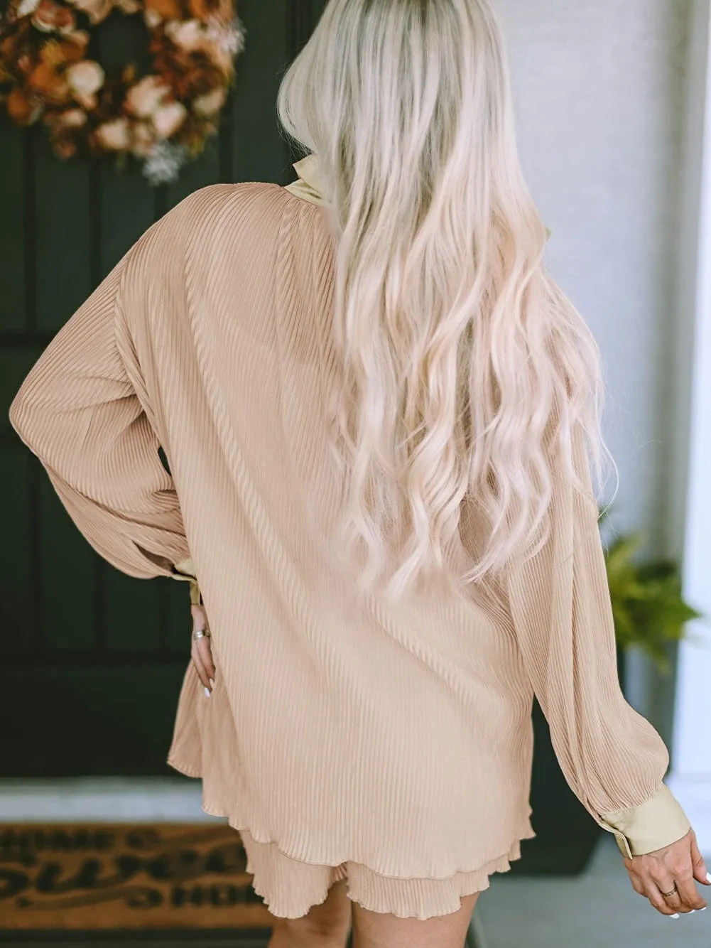 Apricot Pleated Long Sleeve Shirt and Shorts Cozy Lounge Set