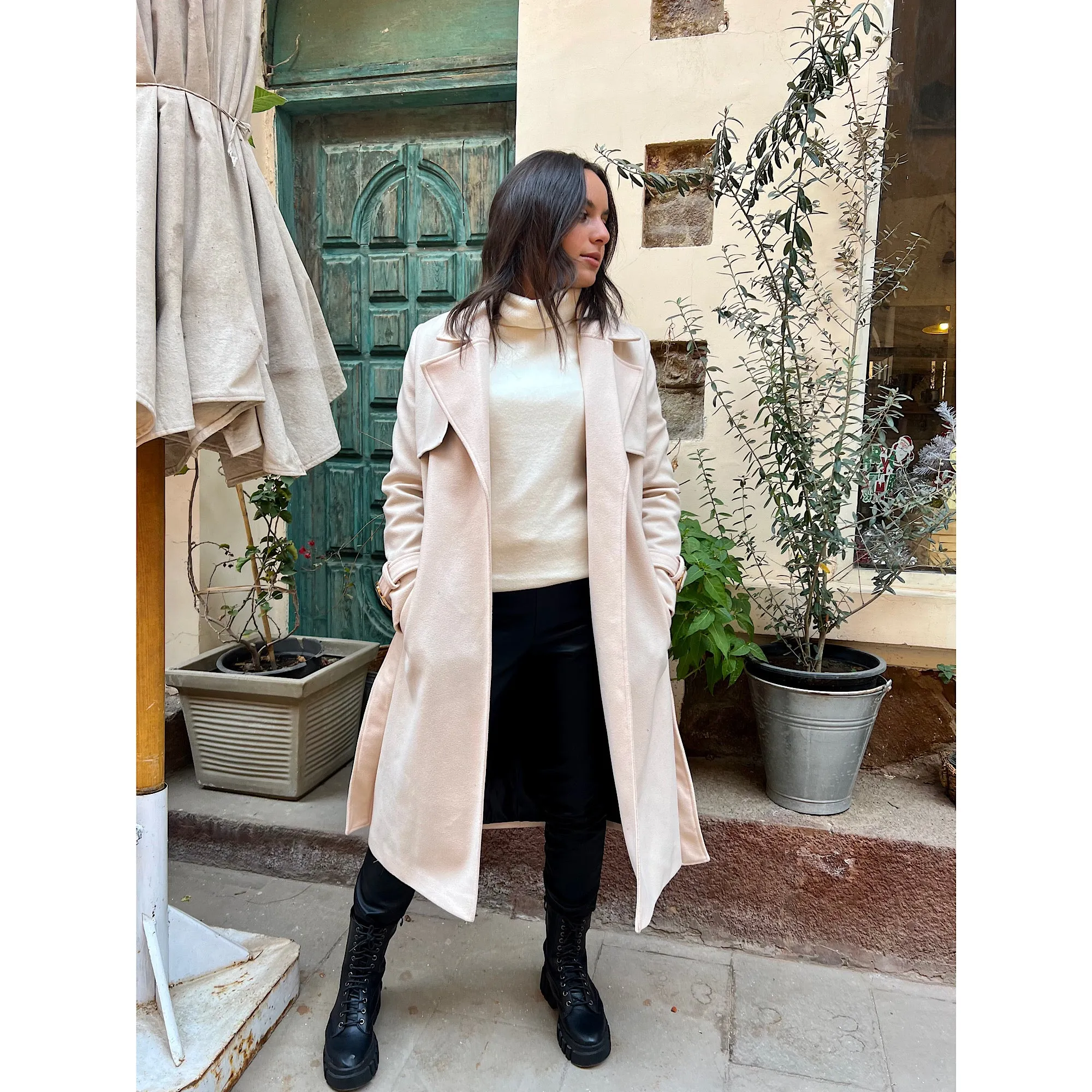 Beige trench wool coat