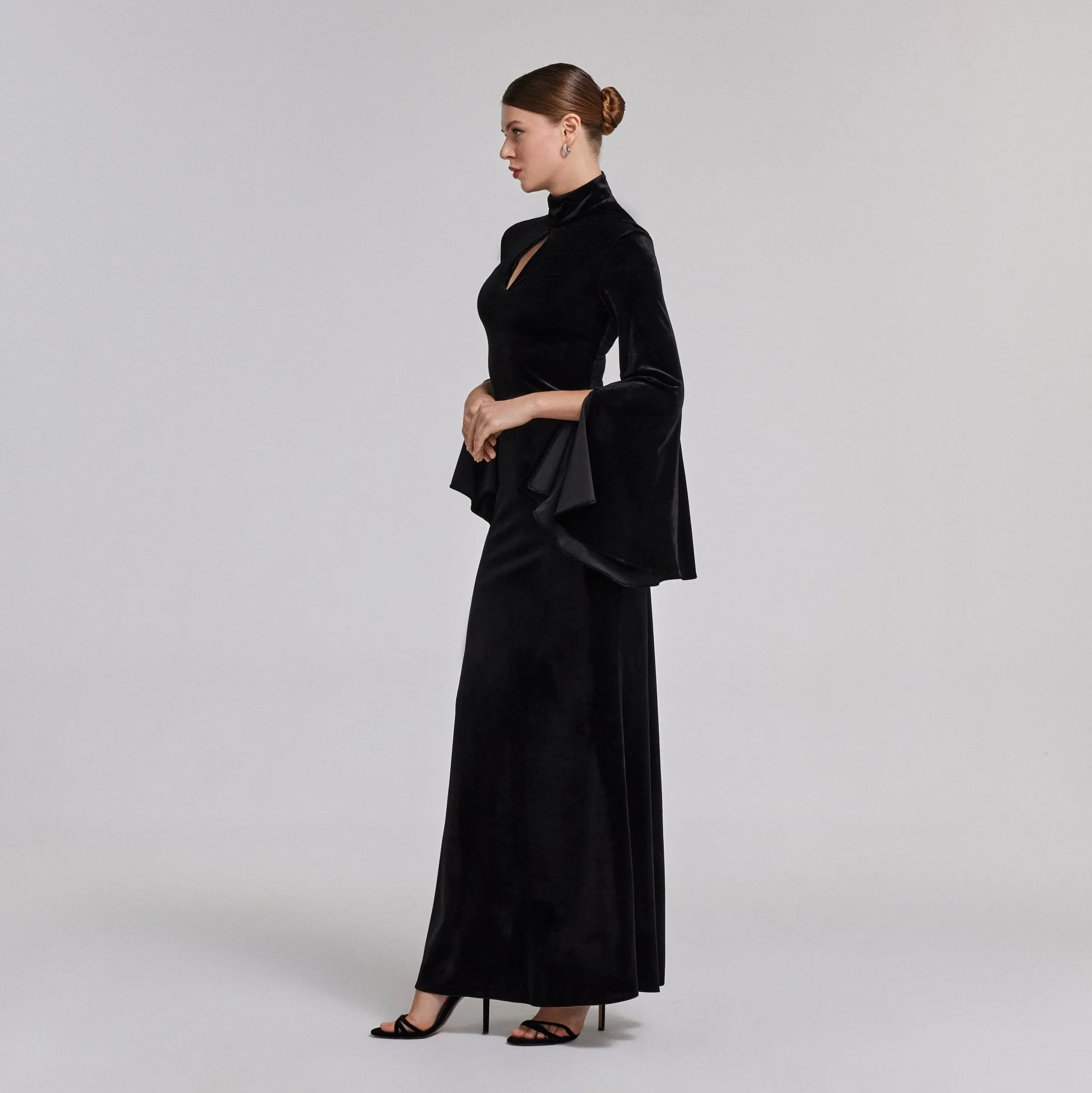 Black High Neck Flared Sleeve Velvet Dress