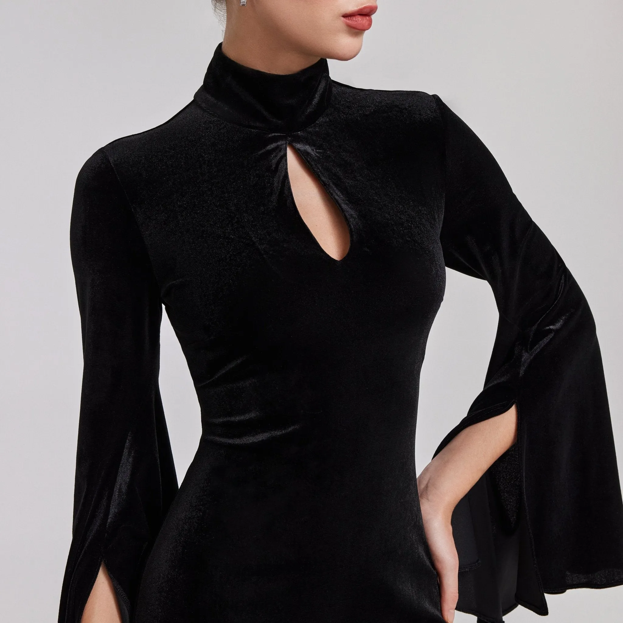 Black High Neck Flared Sleeve Velvet Dress