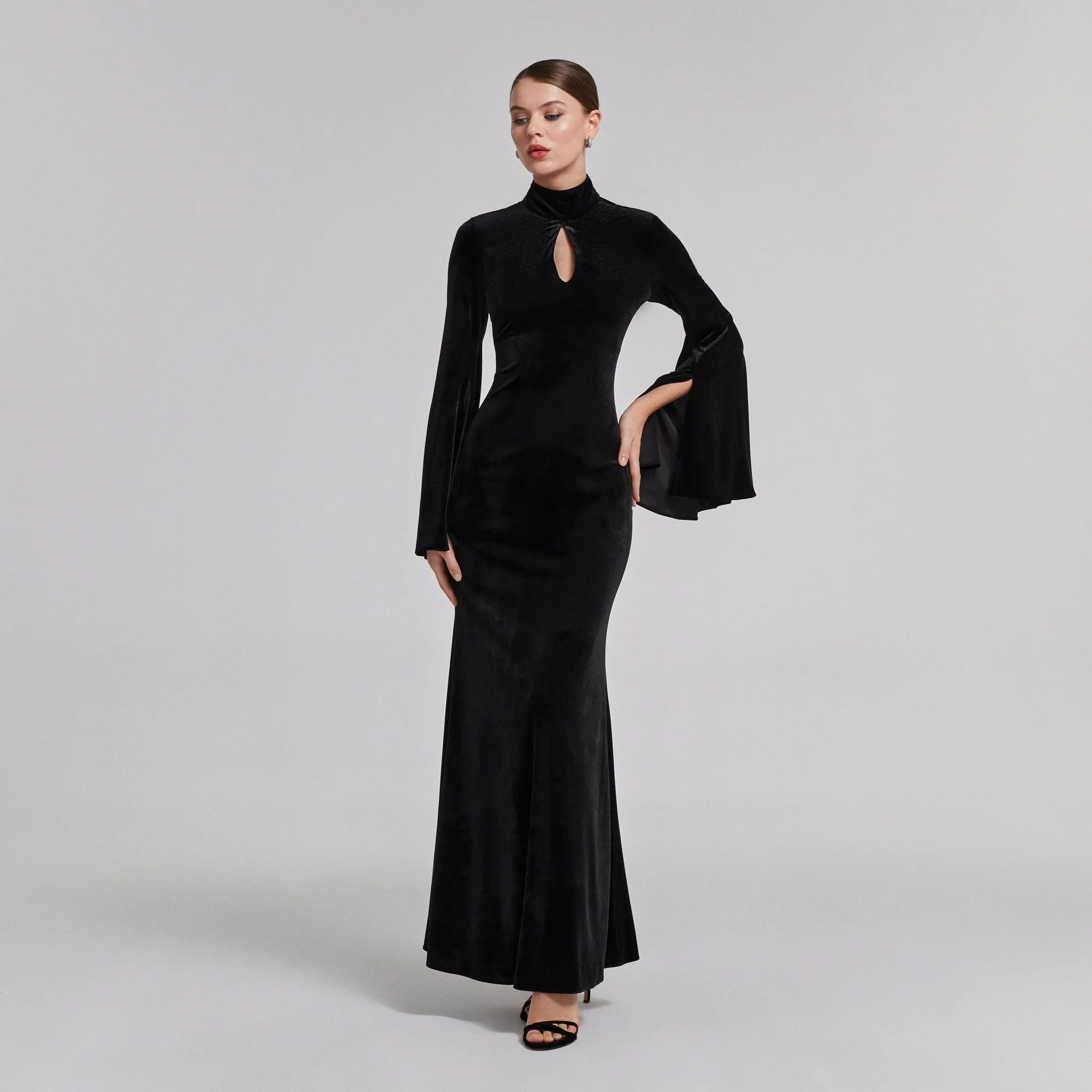 Black High Neck Flared Sleeve Velvet Dress