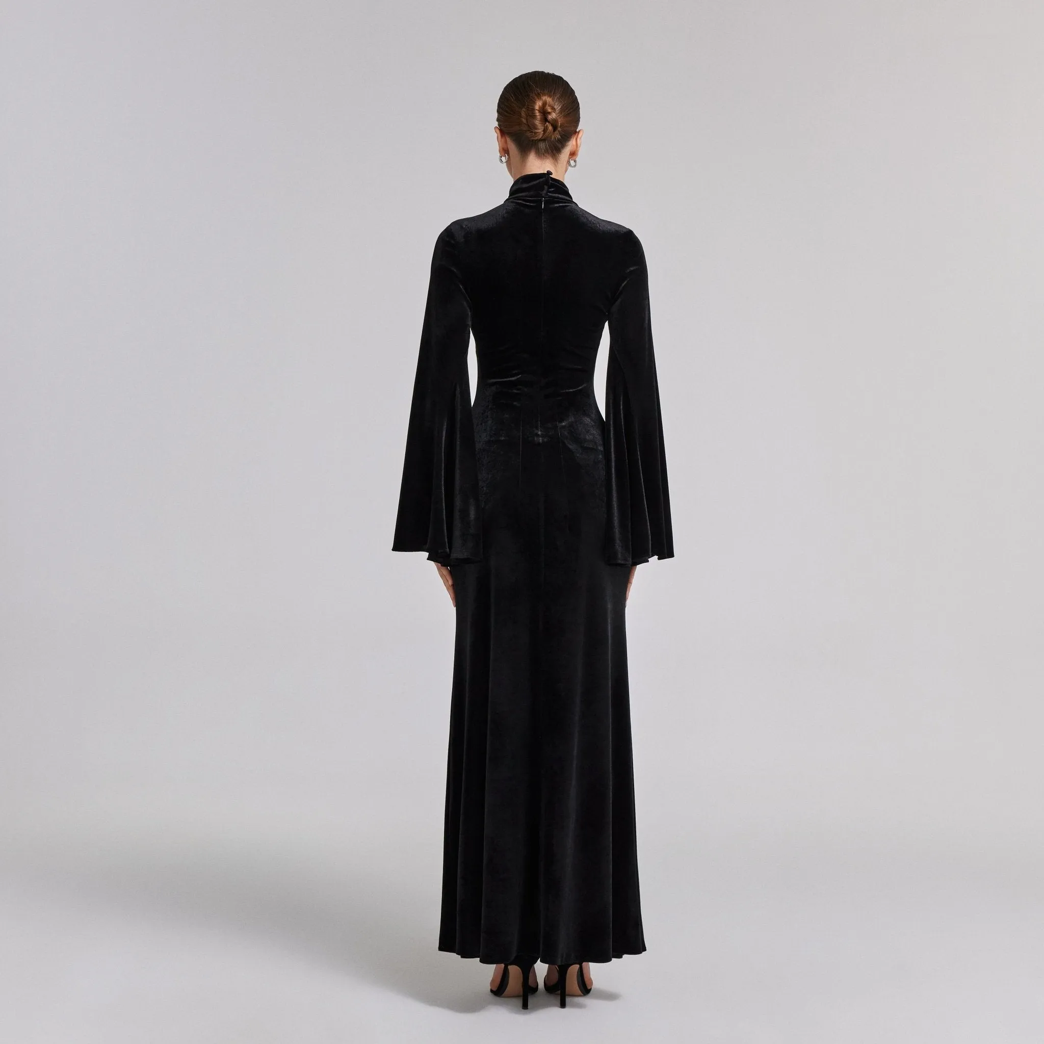 Black High Neck Flared Sleeve Velvet Dress