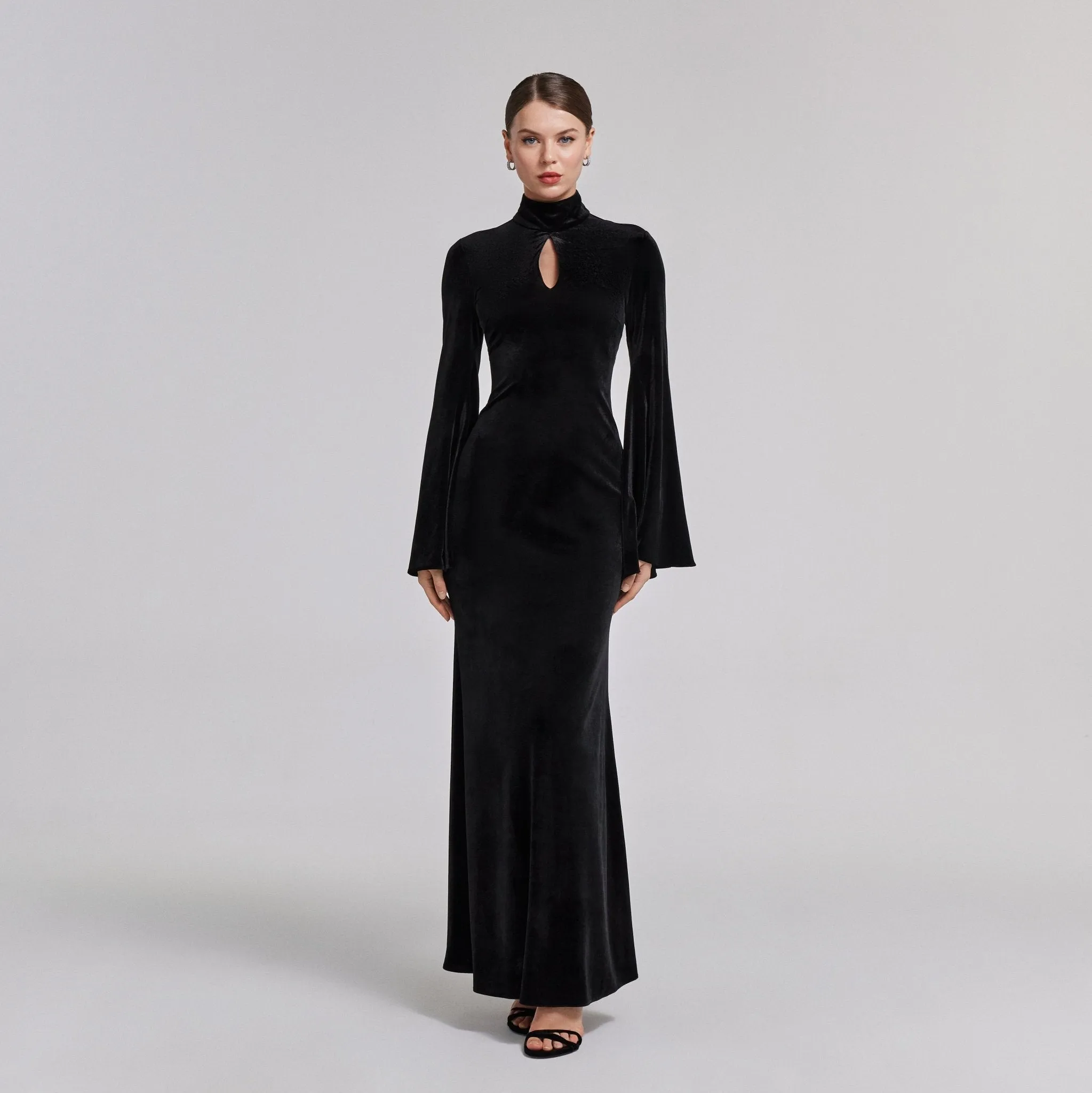 Black High Neck Flared Sleeve Velvet Dress