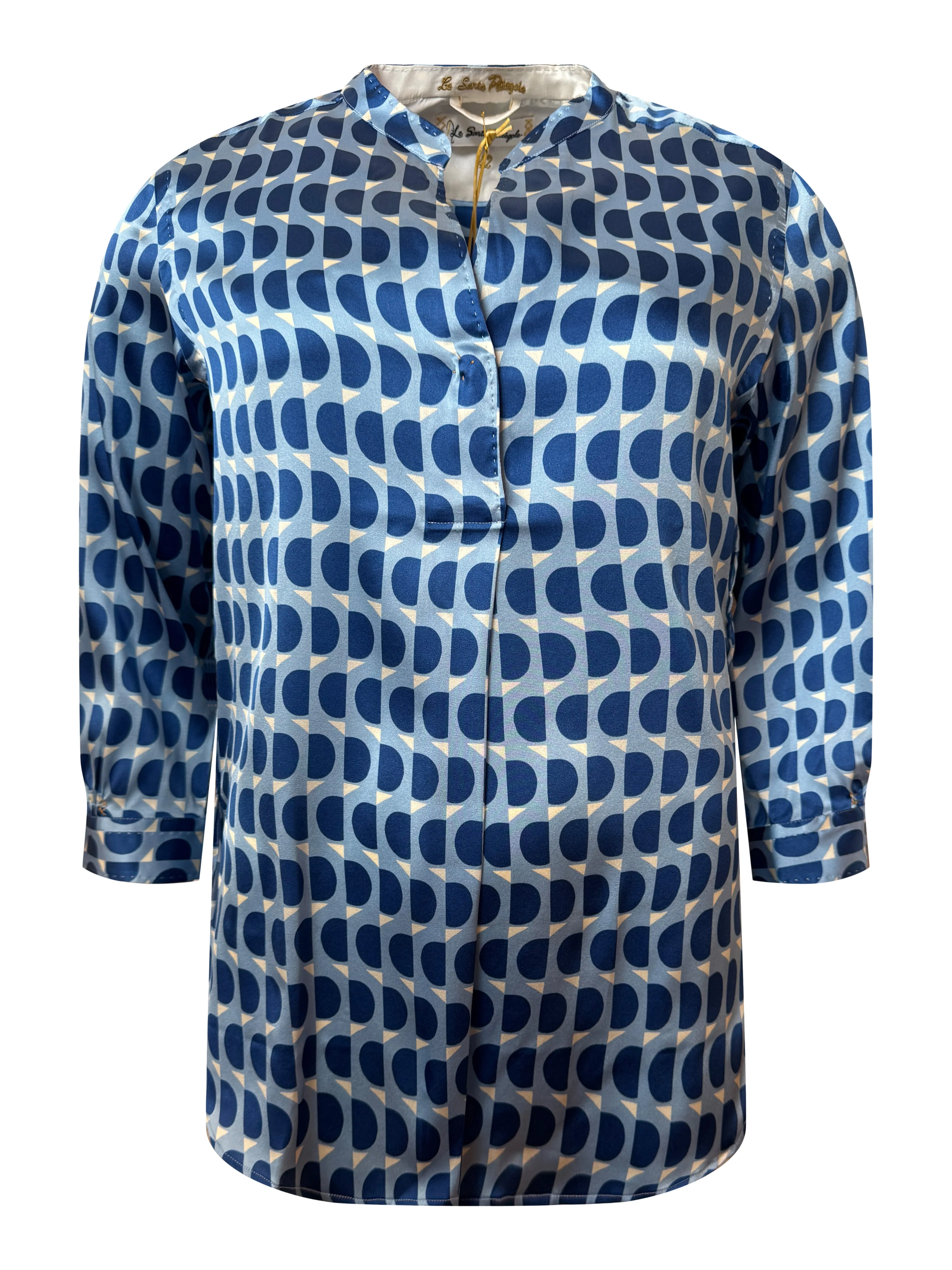 Blue Half Circles Silk Satin Mandarin Collar Blouse
