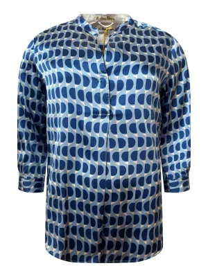 Blue Half Circles Silk Satin Mandarin Collar Blouse