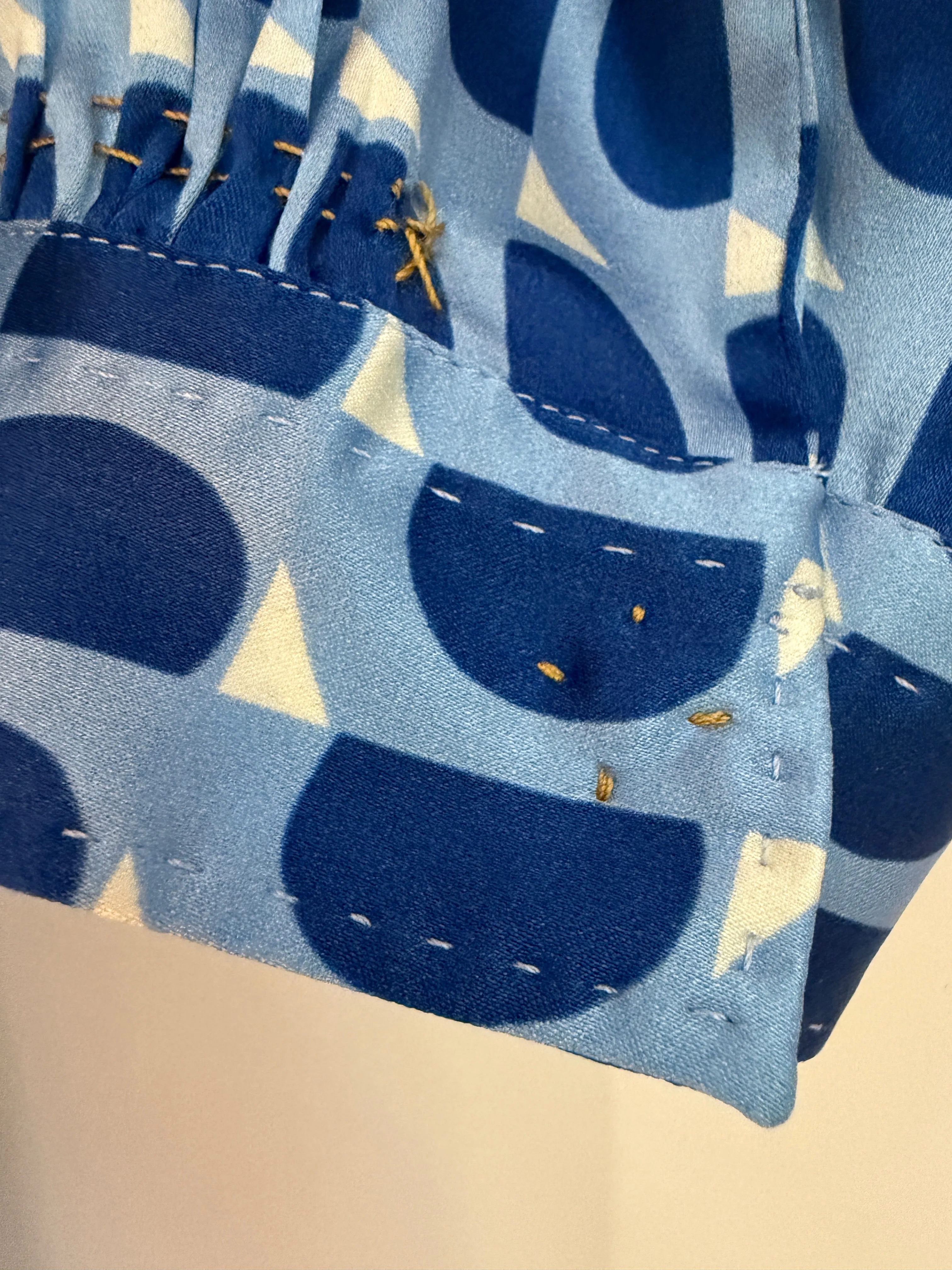 Blue Half Circles Silk Satin Mandarin Collar Blouse