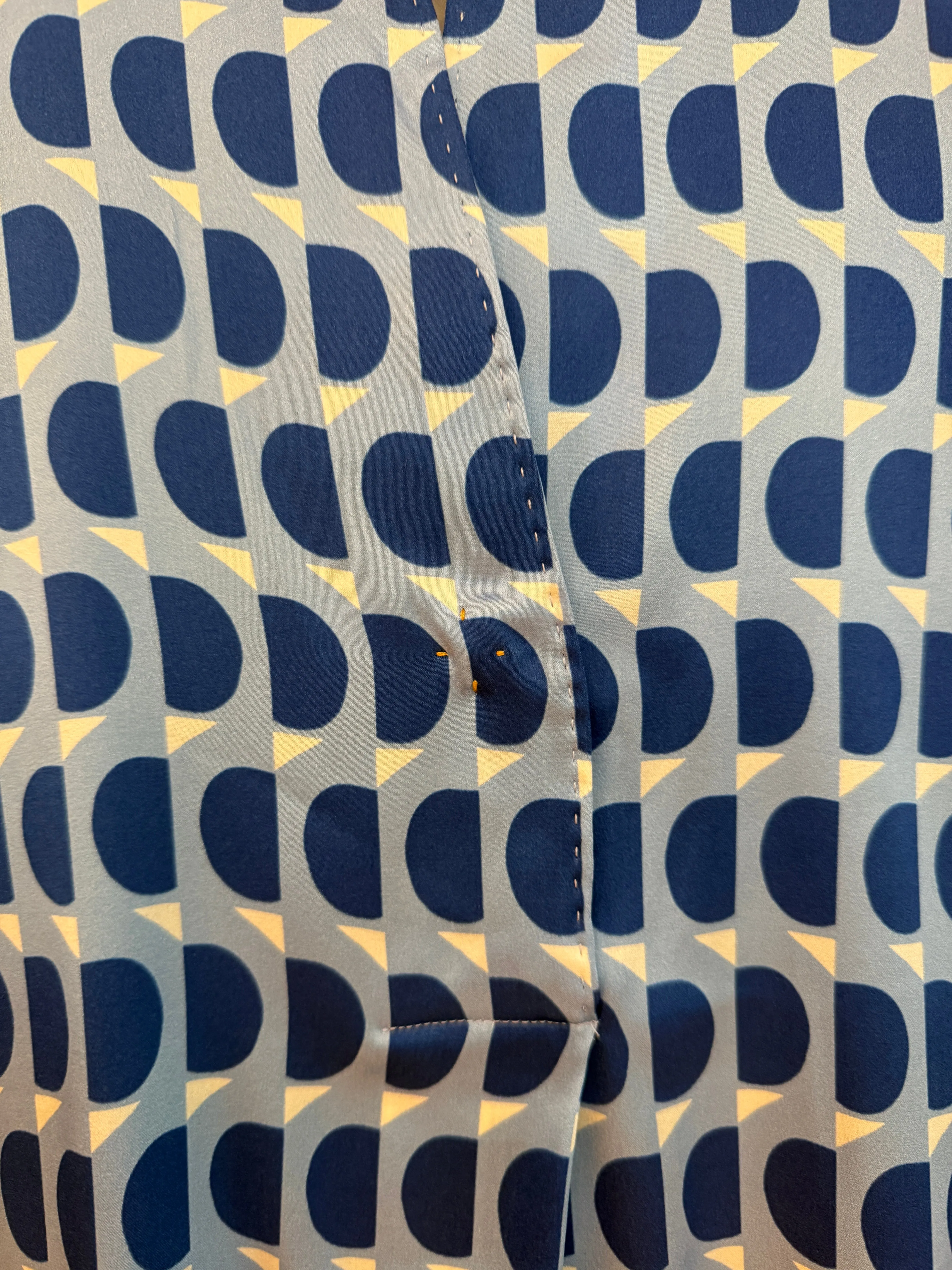 Blue Half Circles Silk Satin Mandarin Collar Blouse