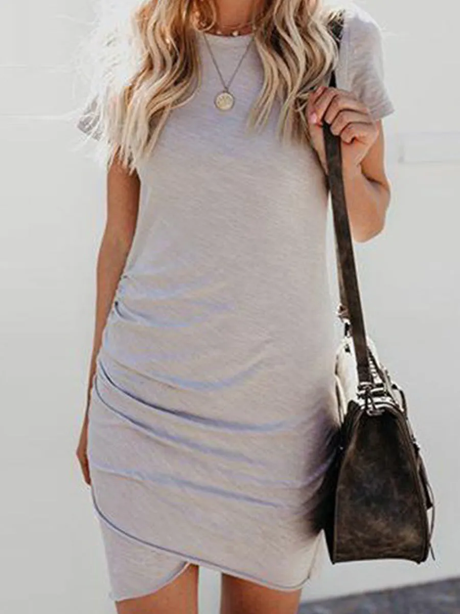 Casual Beach Crew Neck Short Sleeve Wrap Party Ruched Bodycon Mini Dress