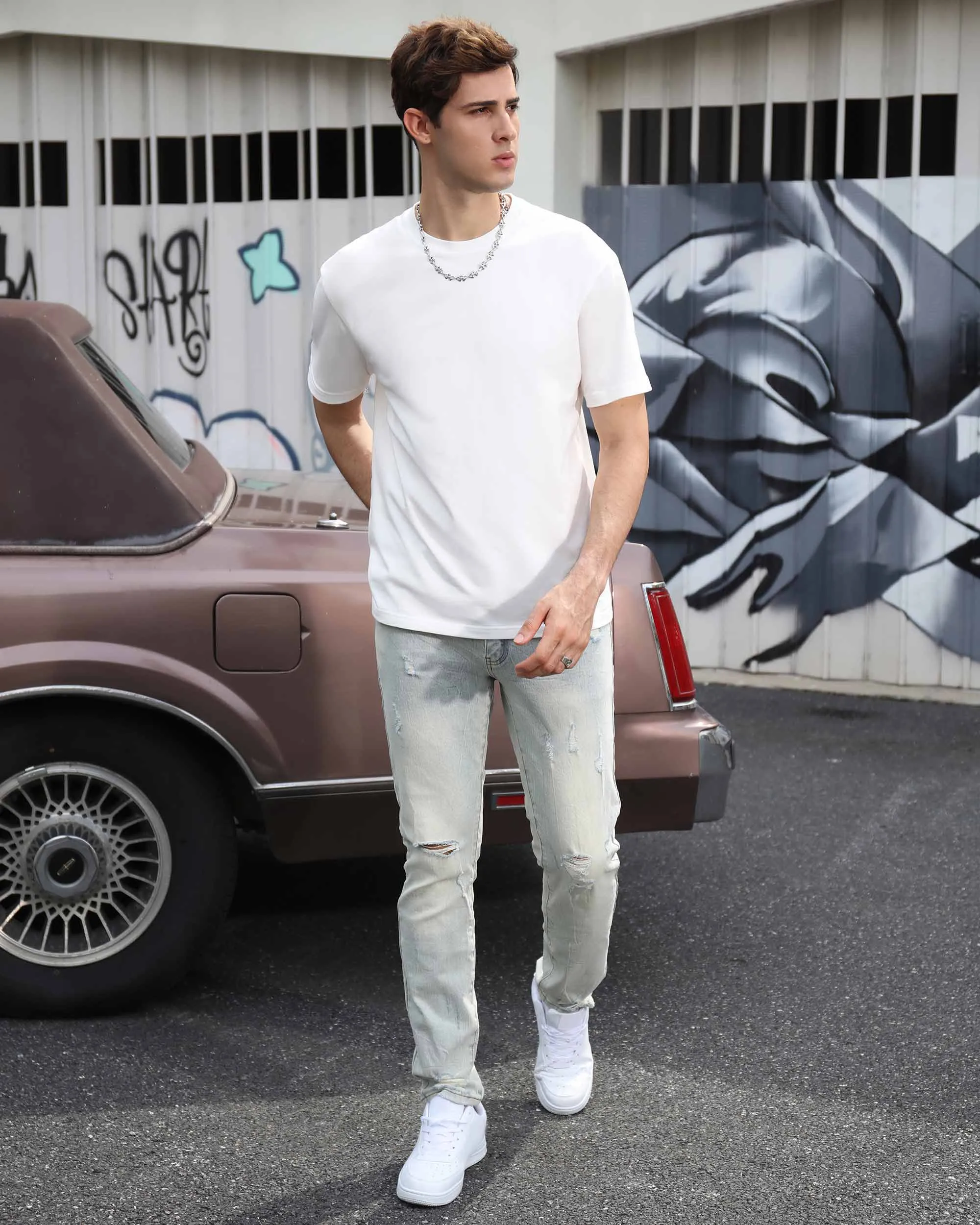 Classic Light Wash Straight Fit Blue Ripped Jeans