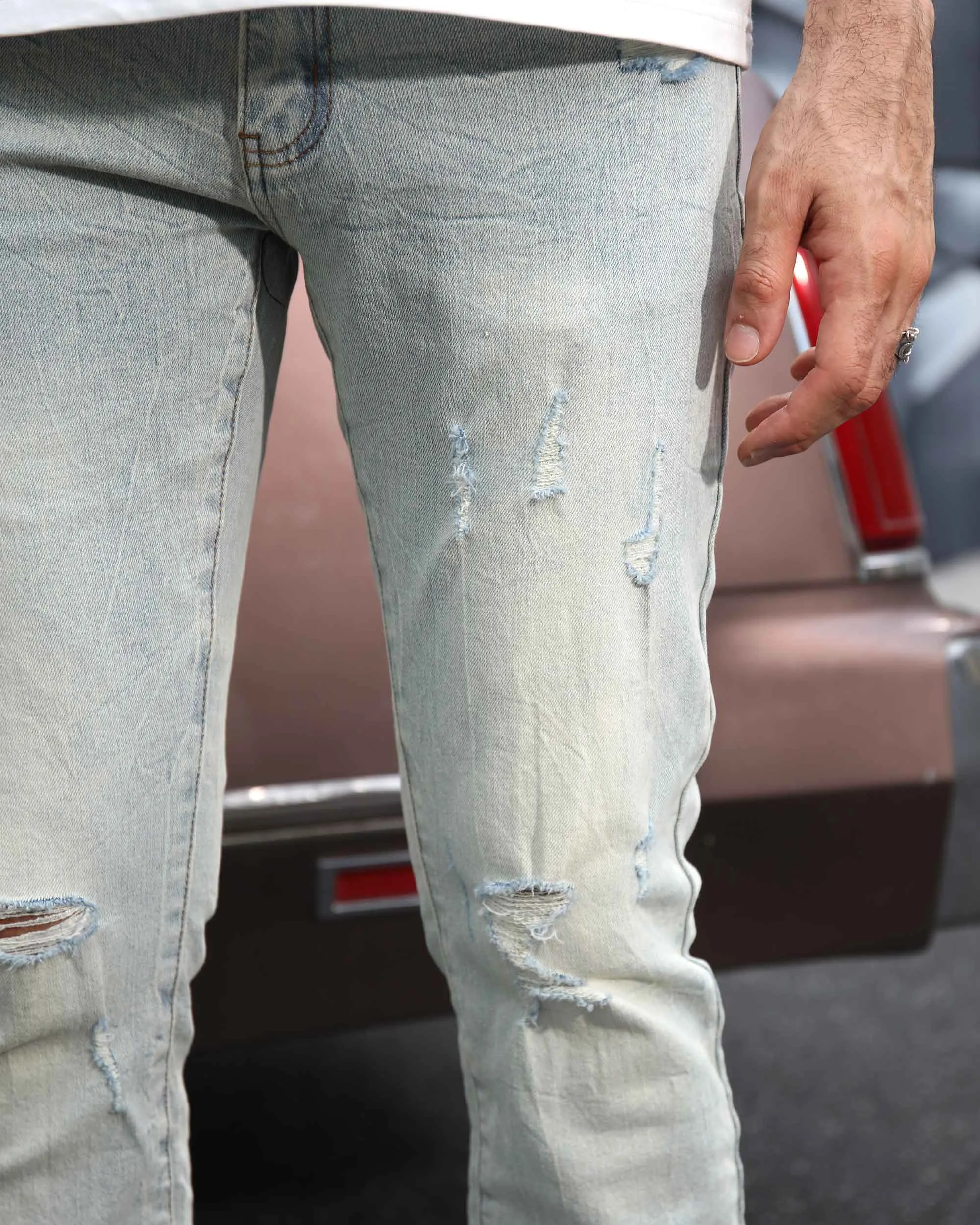 Classic Light Wash Straight Fit Blue Ripped Jeans