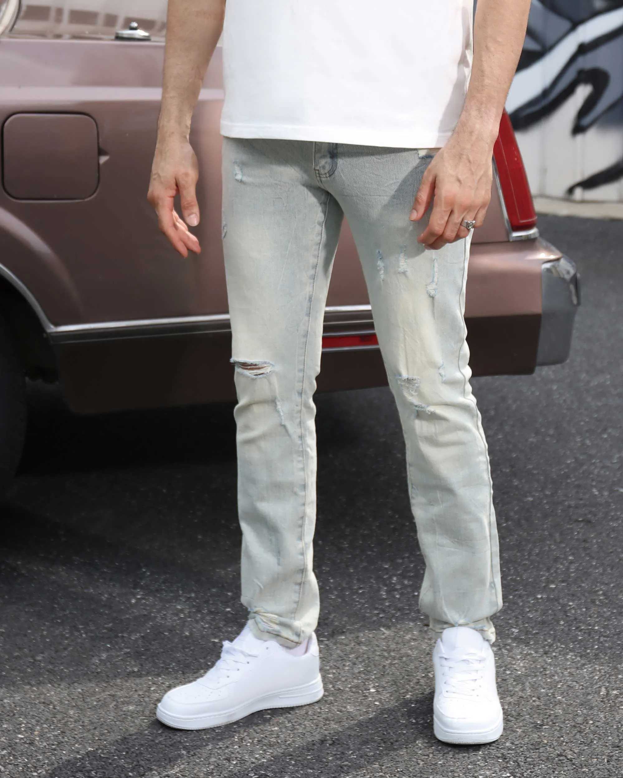 Classic Light Wash Straight Fit Blue Ripped Jeans
