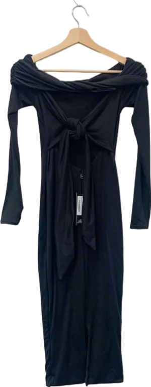 Club L London Black Bardot Tie Back Bodycon Midi Dress UK 6