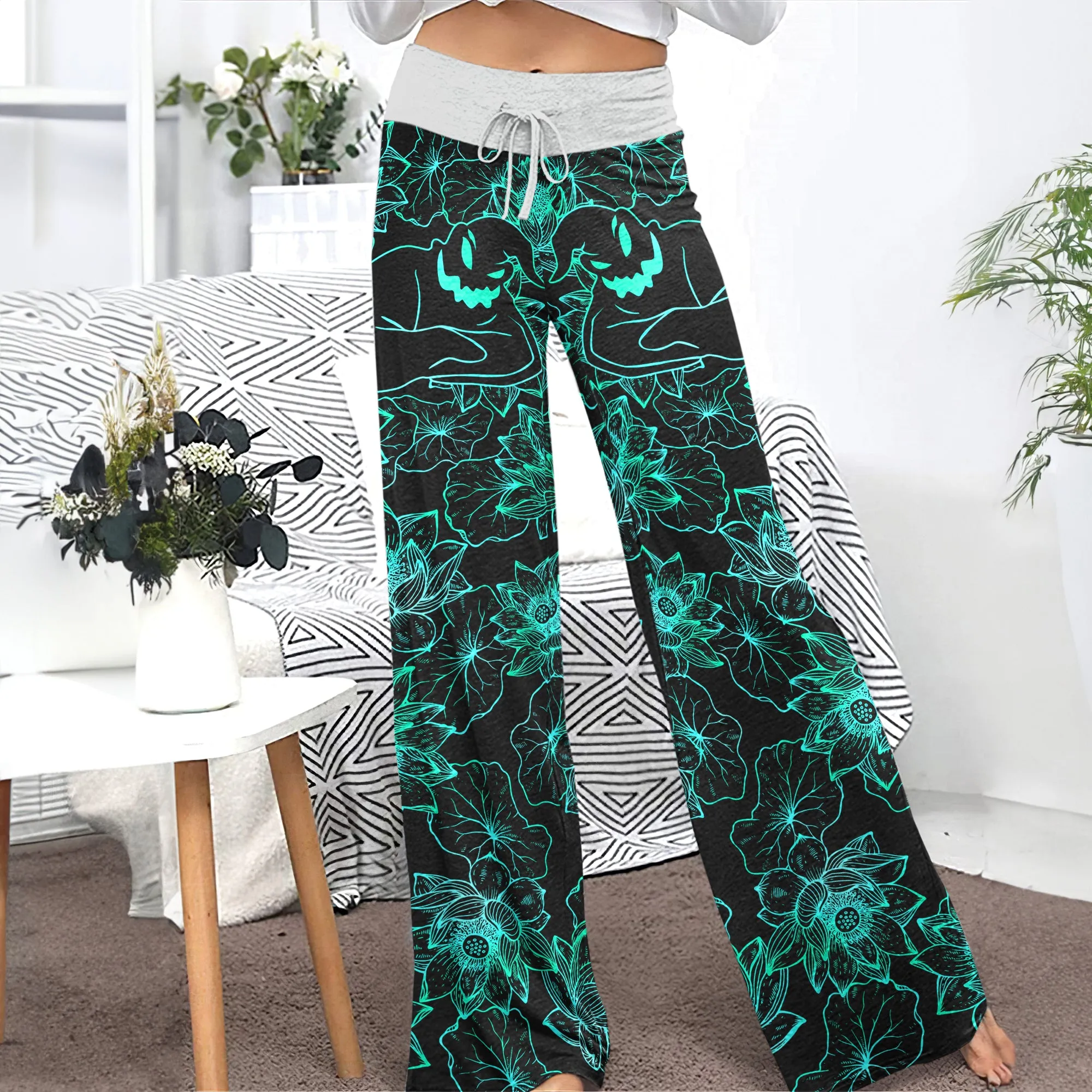 Cyan Floral Nightmare Theme Women's High-waisted Wide Leg Pants