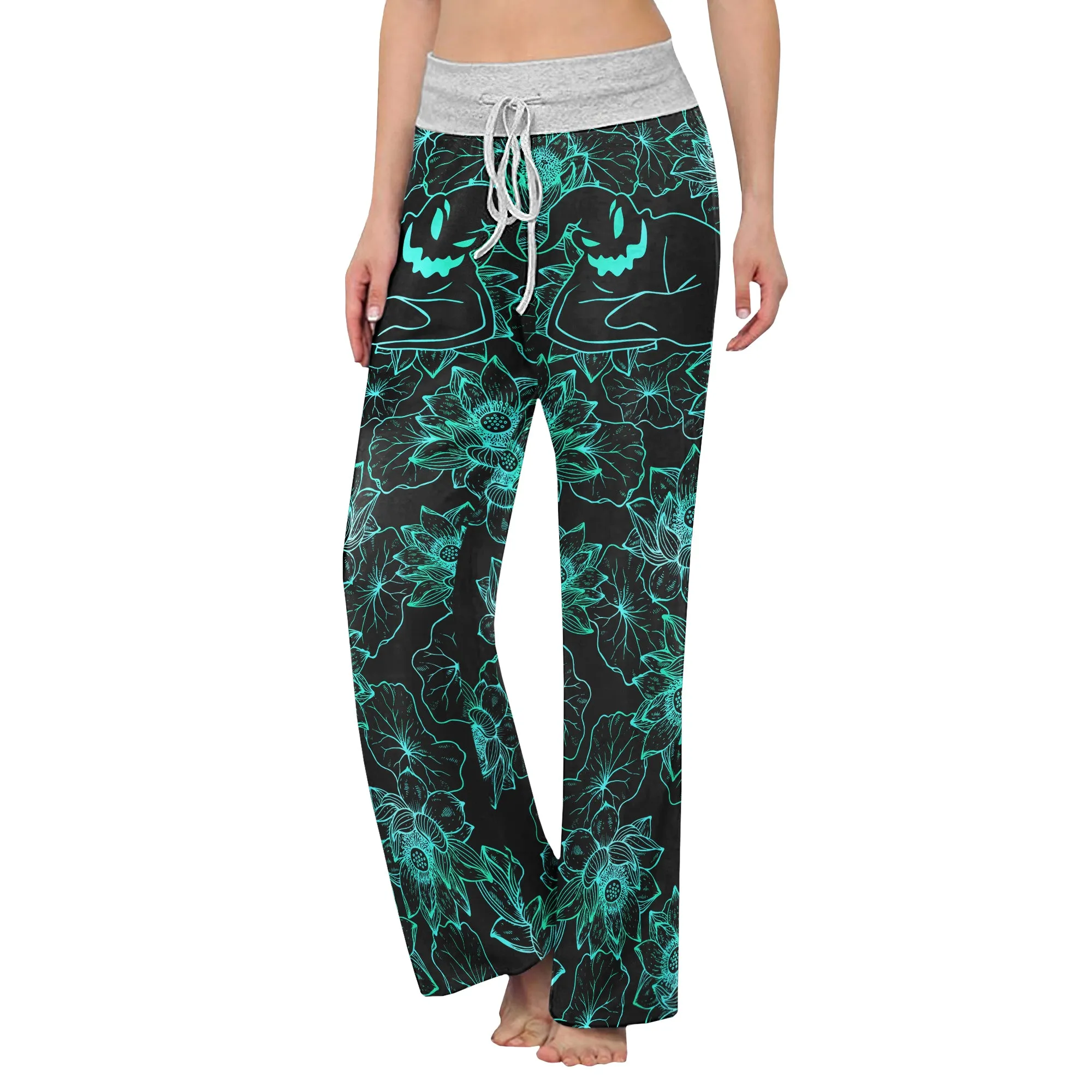 Cyan Floral Nightmare Theme Women's High-waisted Wide Leg Pants