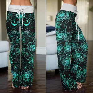 Cyan Floral Nightmare Theme Women's High-waisted Wide Leg Pants