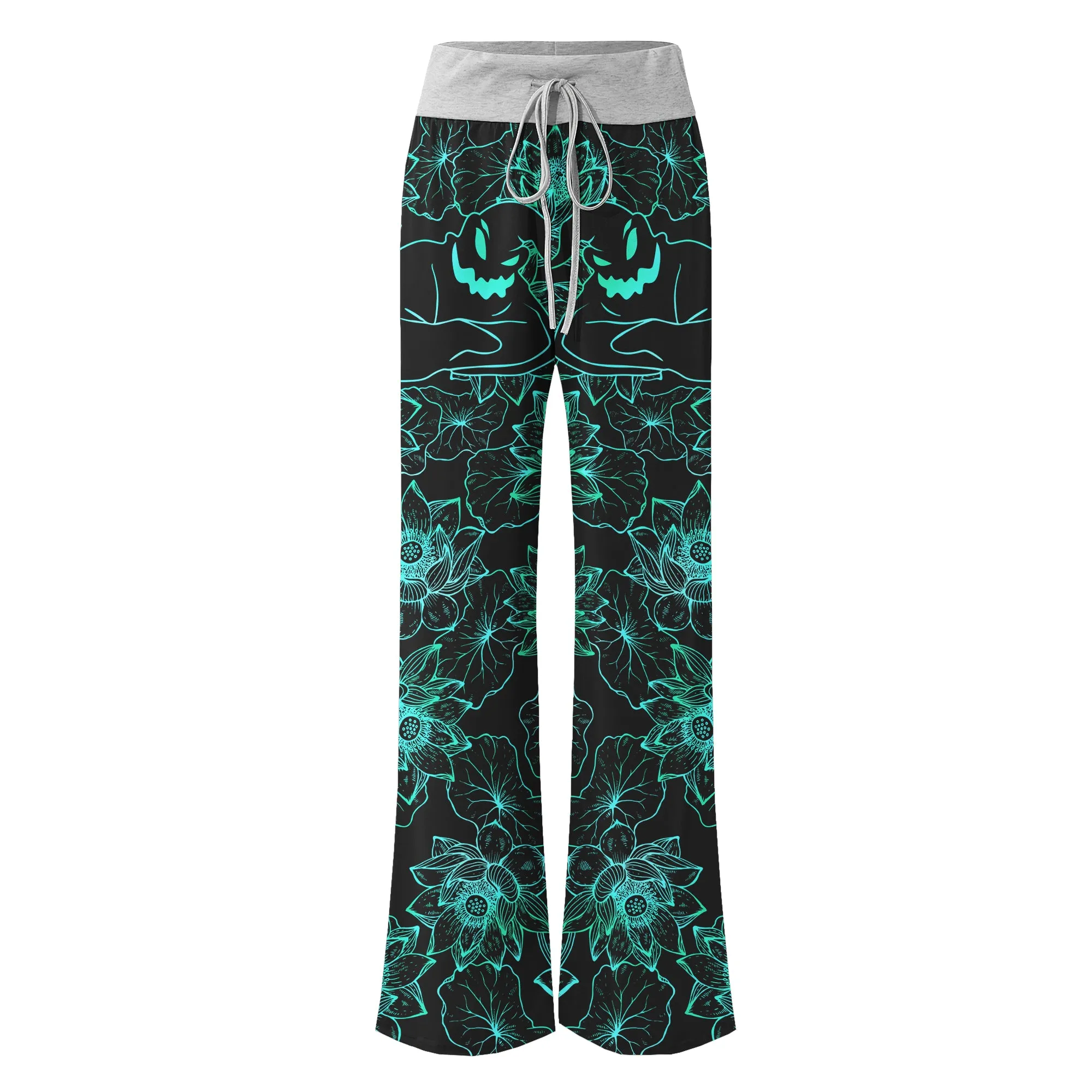 Cyan Floral Nightmare Theme Women's High-waisted Wide Leg Pants