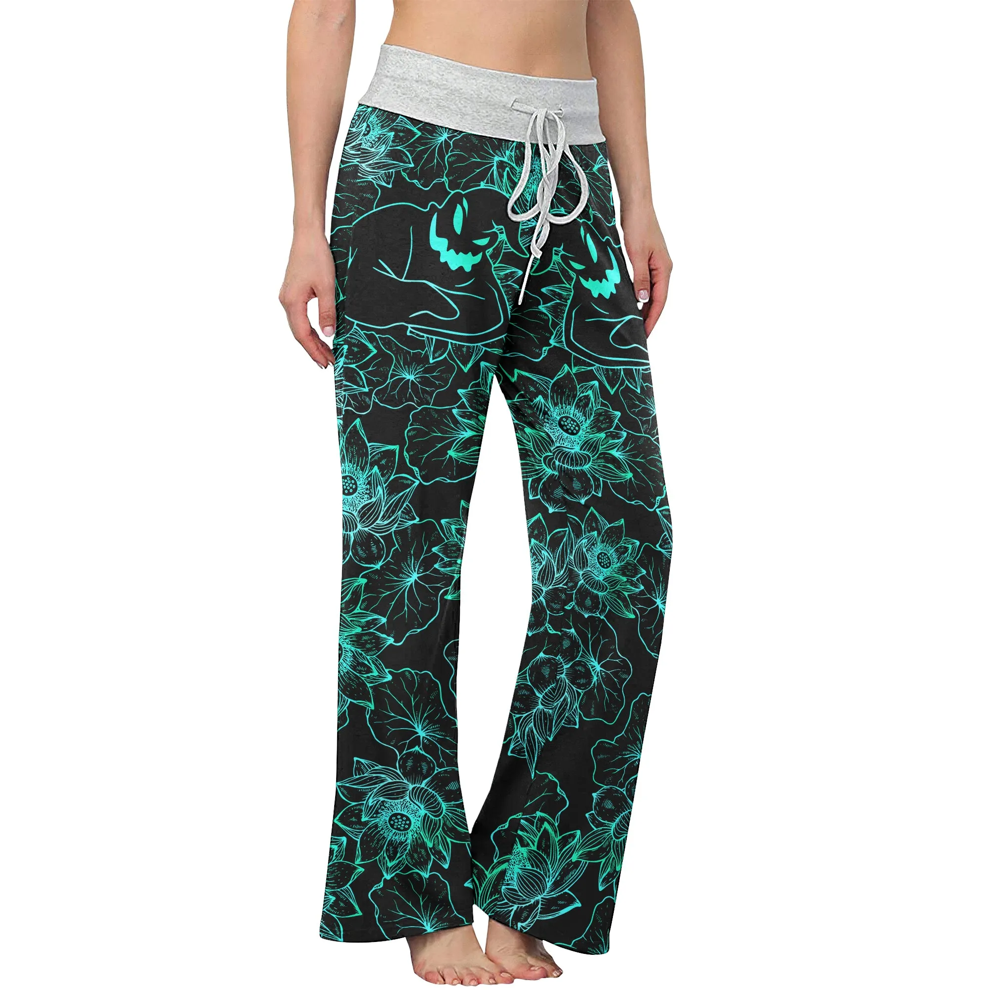 Cyan Floral Nightmare Theme Women's High-waisted Wide Leg Pants