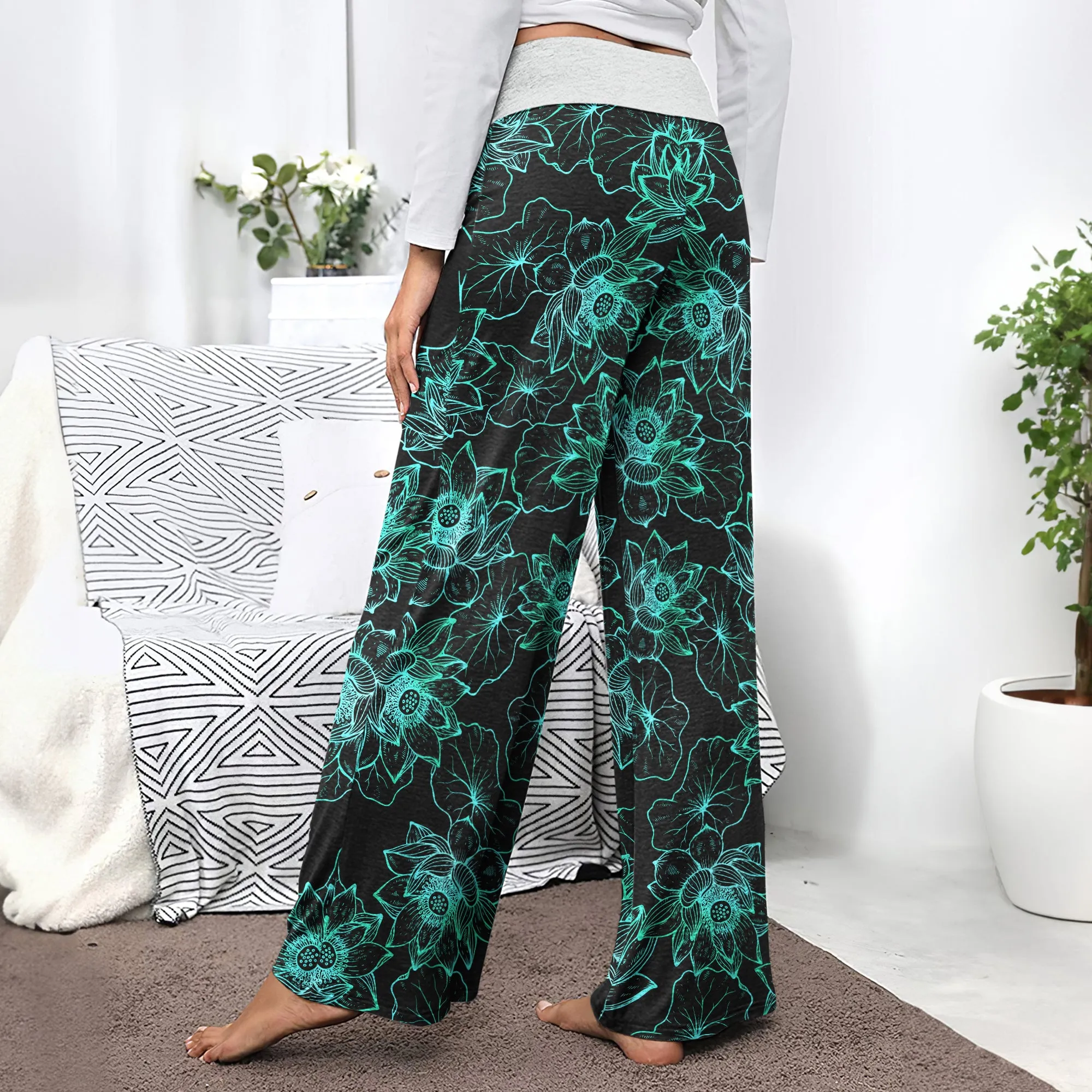 Cyan Floral Nightmare Theme Women's High-waisted Wide Leg Pants