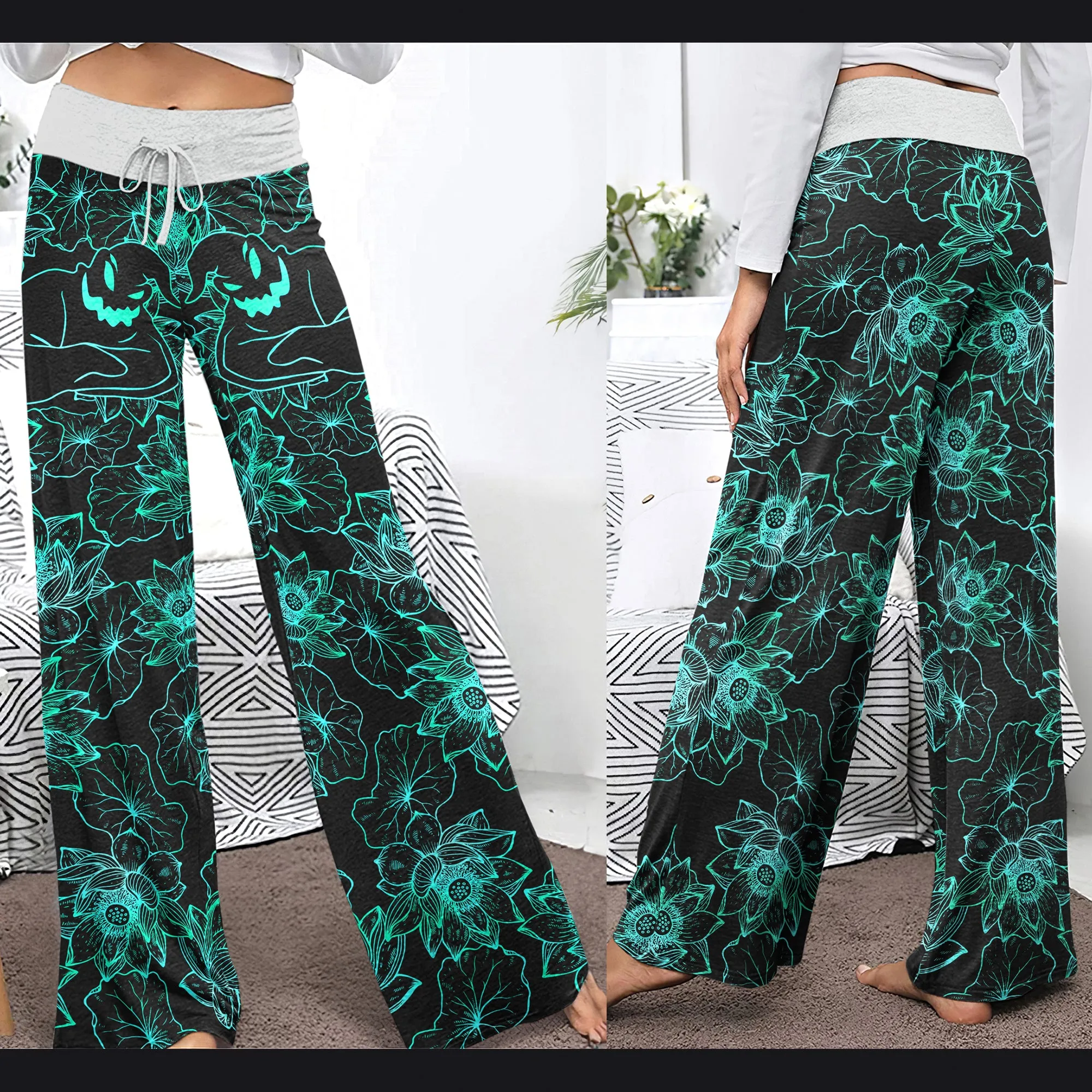 Cyan Floral Nightmare Theme Women's High-waisted Wide Leg Pants