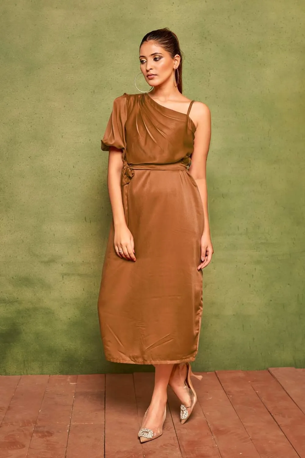 Elegant Velvet Satin One-Shoulder Midi Dress