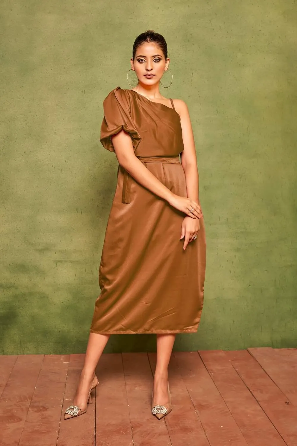 Elegant Velvet Satin One-Shoulder Midi Dress