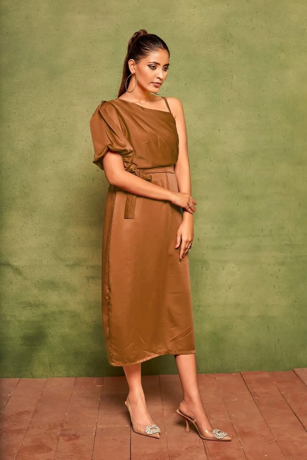 Elegant Velvet Satin One-Shoulder Midi Dress