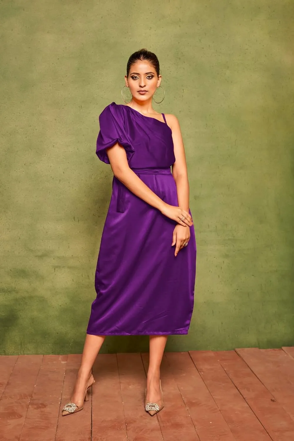 Elegant Velvet Satin One-Shoulder Midi Dress