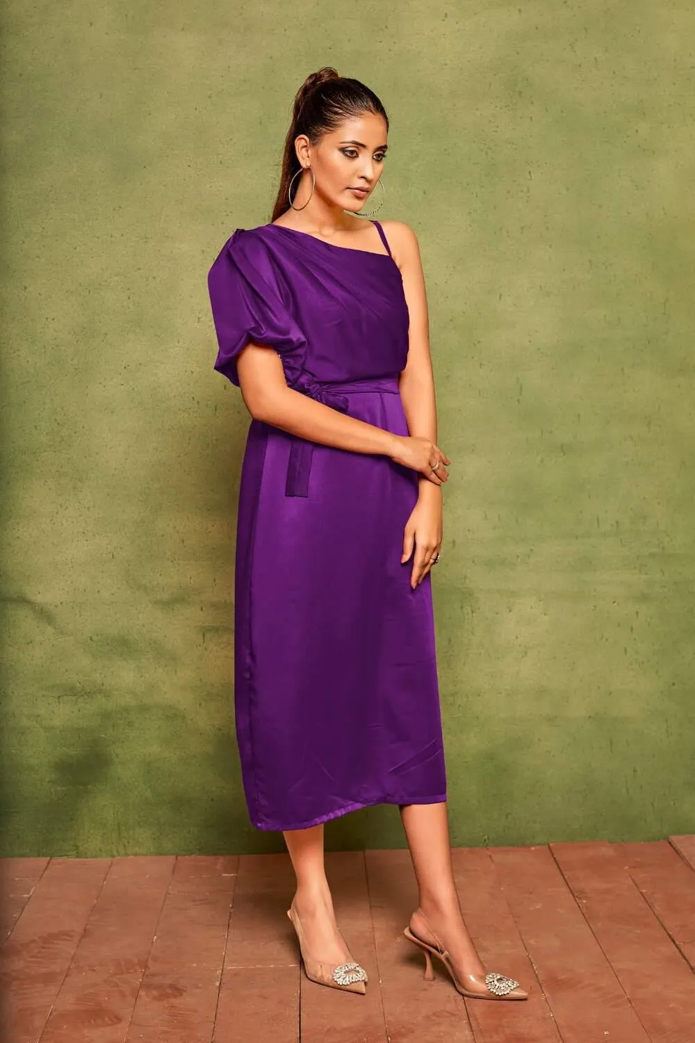 Elegant Velvet Satin One-Shoulder Midi Dress