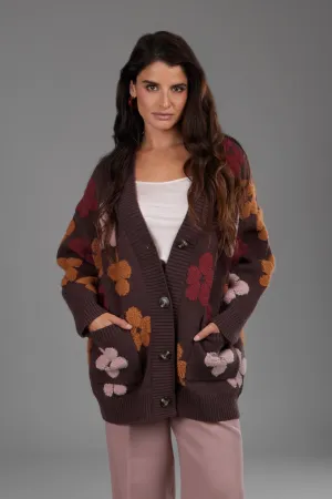 Floral Knit Cardigan In Brown