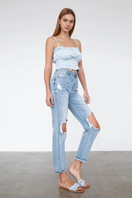 High Waist Destroyed Hem Boyfriend Jeans