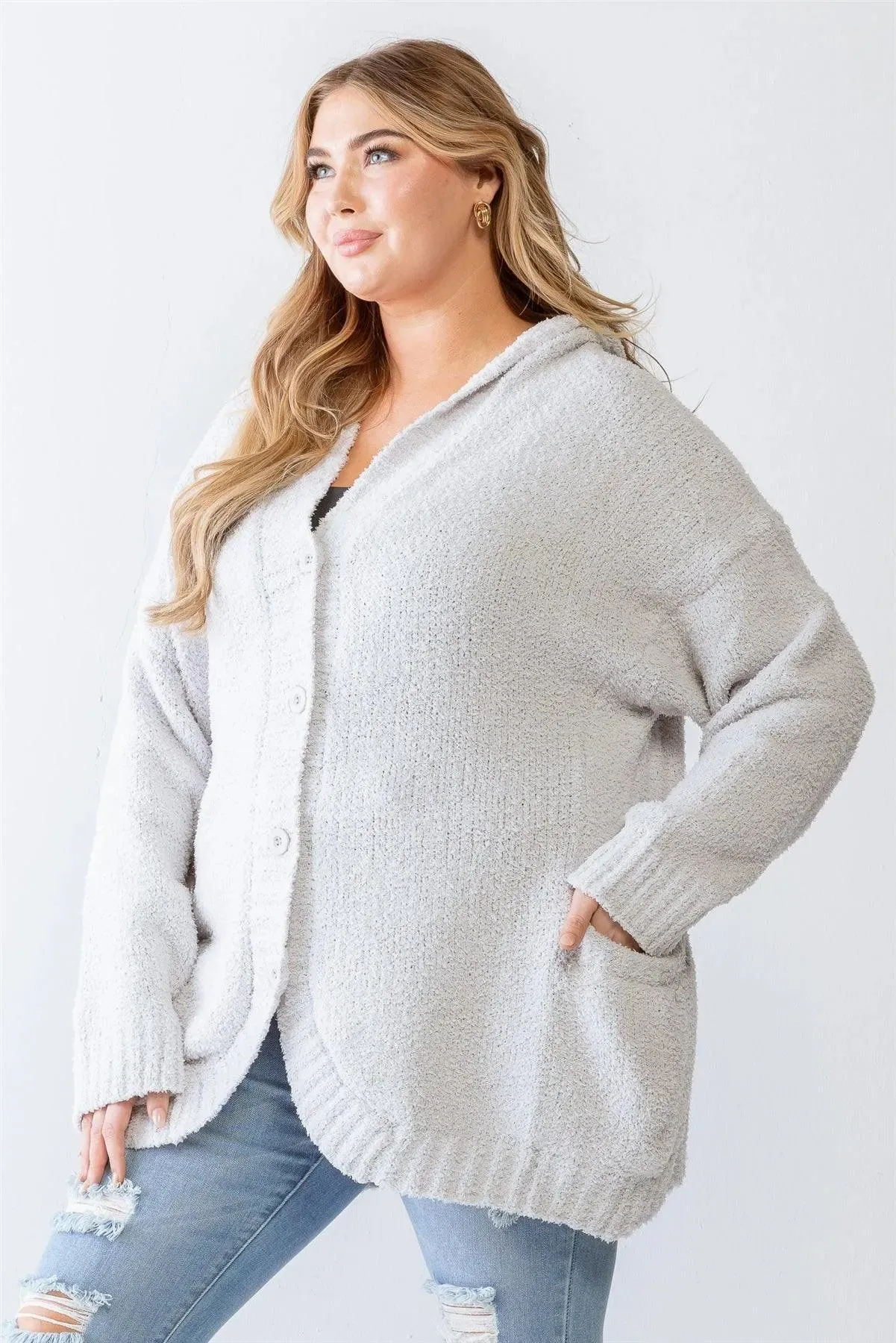 Junior Plus Grey Knit Hooded Soft Sweater Cardigan