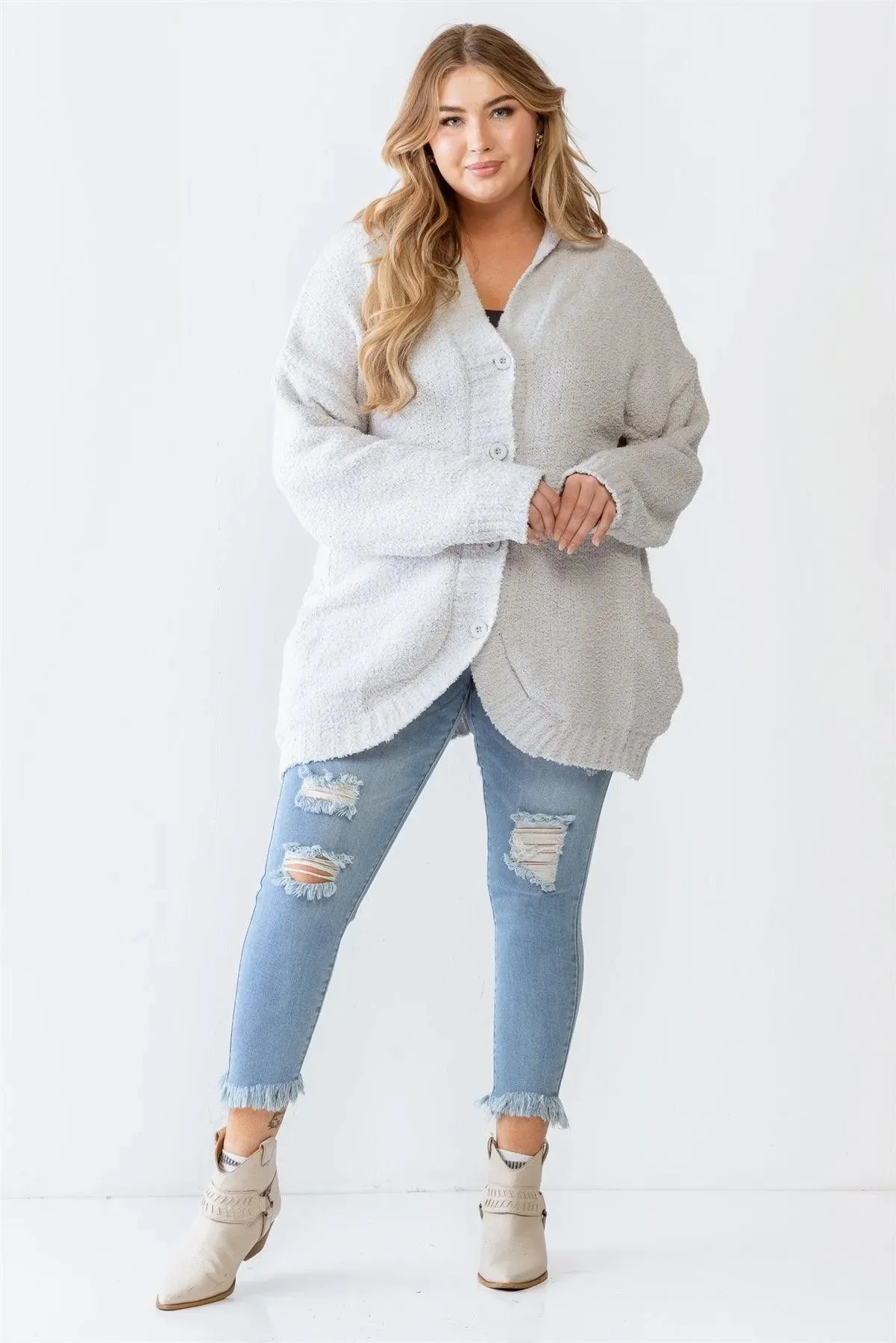 Junior Plus Grey Knit Hooded Soft Sweater Cardigan