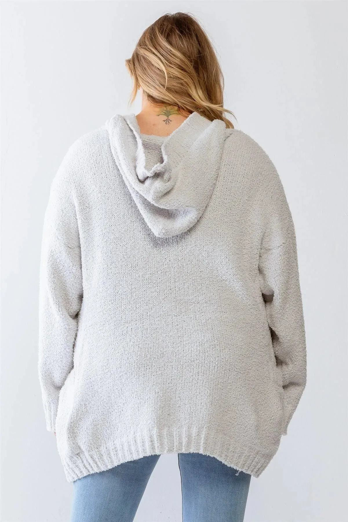 Junior Plus Grey Knit Hooded Soft Sweater Cardigan