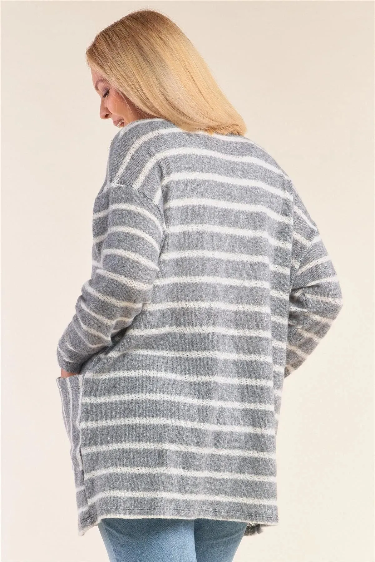 Junior Plus Size Grey And White Soft Striped Open Front Side Pockets Cardigan /2-2-1-1