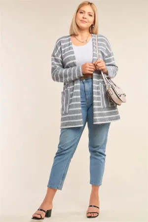 Junior Plus Size Grey And White Soft Striped Open Front Side Pockets Cardigan /2-2-1-1