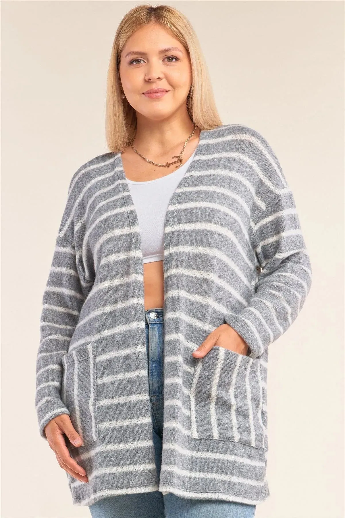 Junior Plus Size Grey And White Soft Striped Open Front Side Pockets Cardigan /2-2-1-1