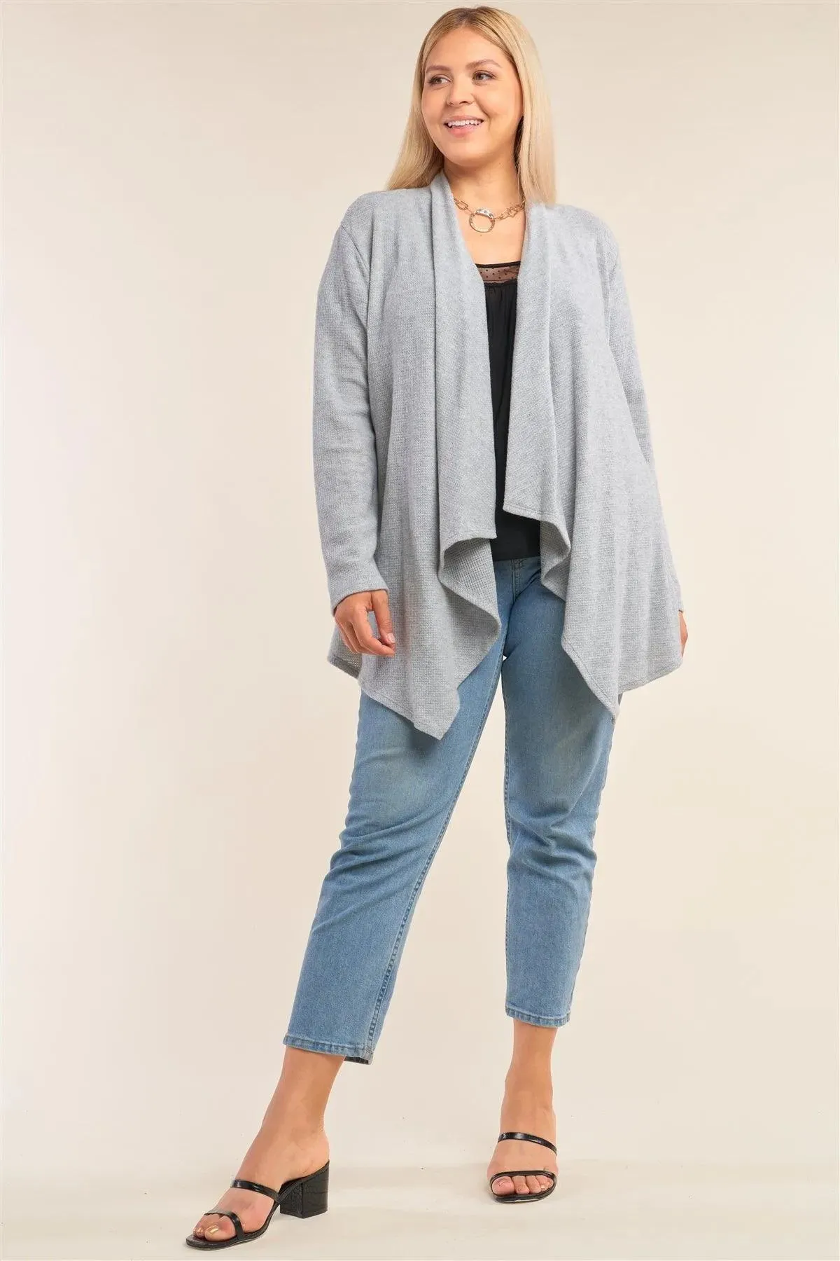 Junior Plus Size Knit Asymmetrical Pleated Collar Hem Cardigan /2-2-1-1