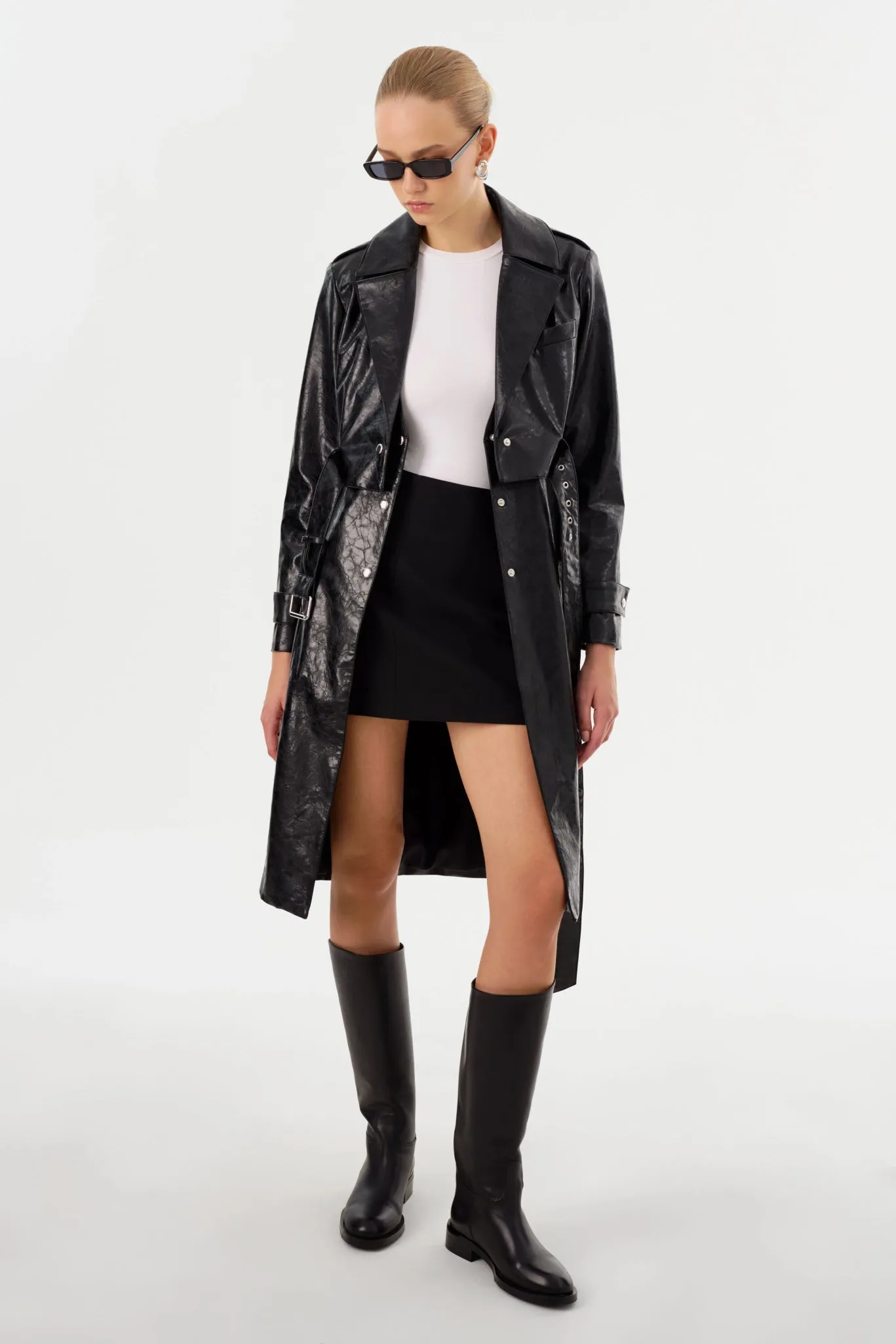 Larmarque Katija Faux Leather Trench Jacket in Black