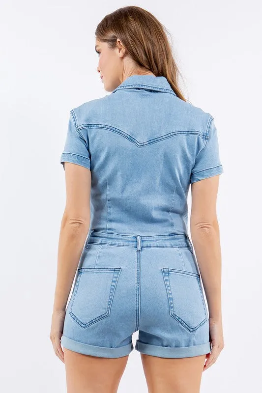 Light Denim Stretch Denim Romper With Button Down Detail
