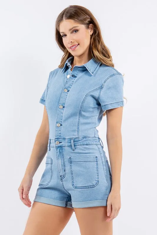 Light Denim Stretch Denim Romper With Button Down Detail