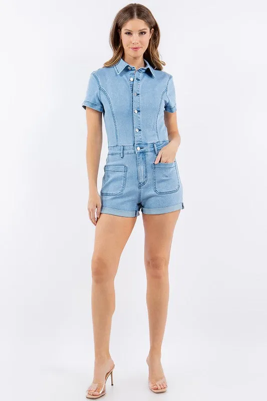 Light Denim Stretch Denim Romper With Button Down Detail