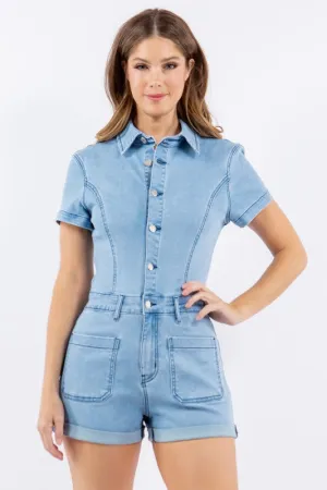 Light Denim Stretch Denim Romper With Button Down Detail