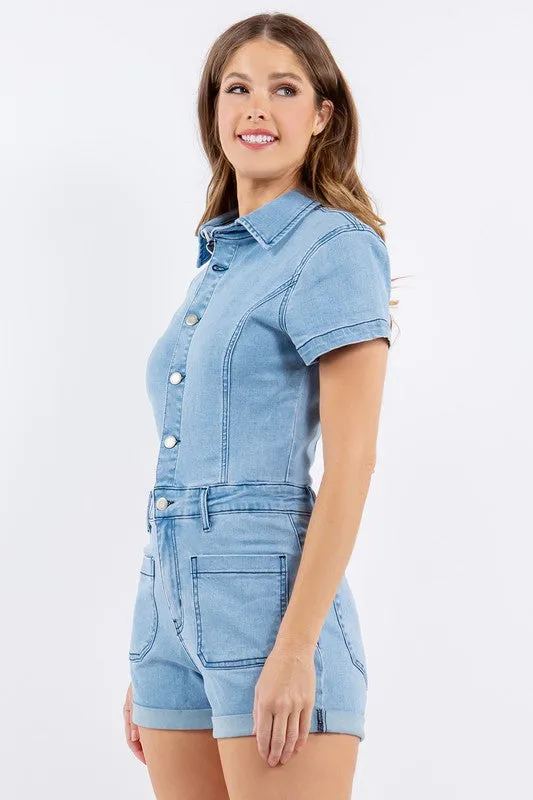 Light Denim Stretch Denim Romper With Button Down Detail