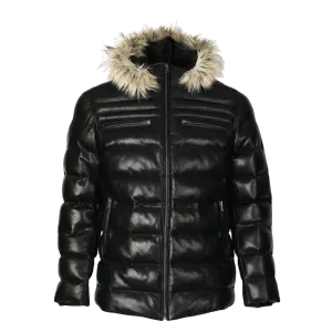 Mens Jeremiah Puffer Leather Jacket with Fur Hoodie (Black)