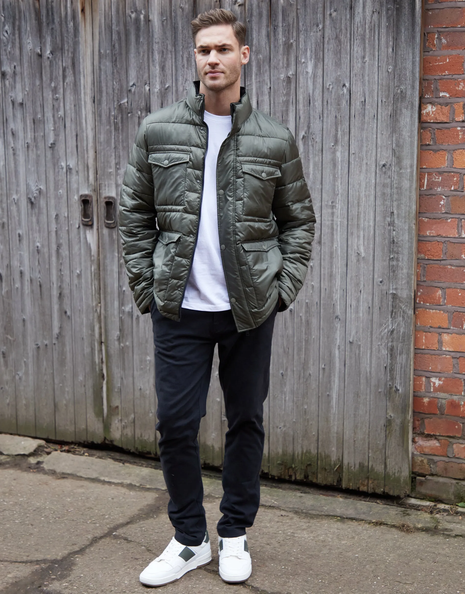 Men's Khaki Funnel Neck Utility Puffer Jacket