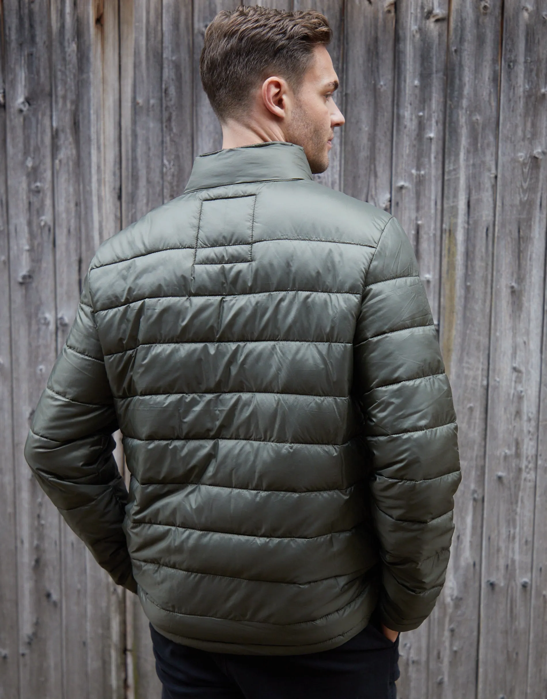 Men's Khaki Funnel Neck Utility Puffer Jacket