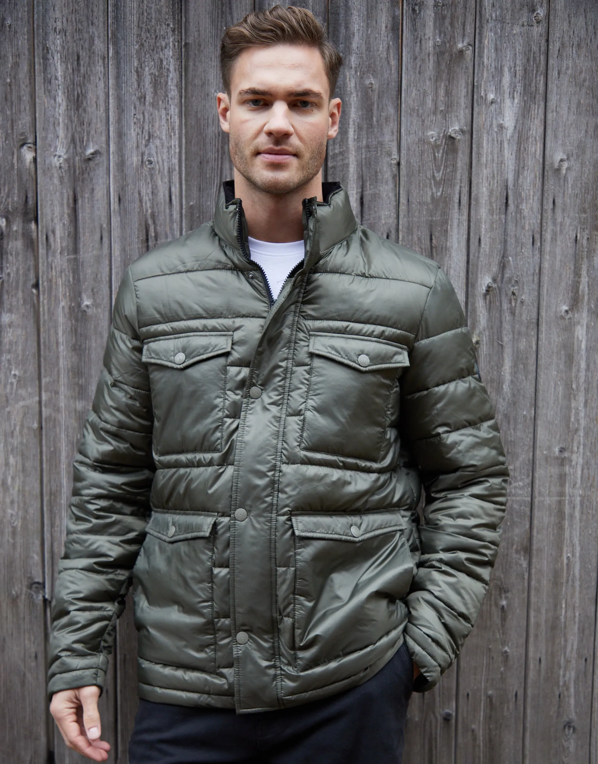 Men's Khaki Funnel Neck Utility Puffer Jacket